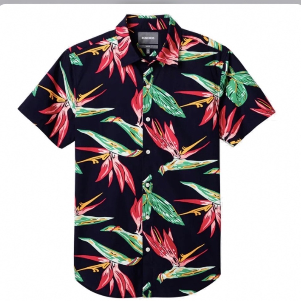 Bonobos Riviera Slim Fit Shirt Mens XL Navy Tropical Bird of Paradise Floral